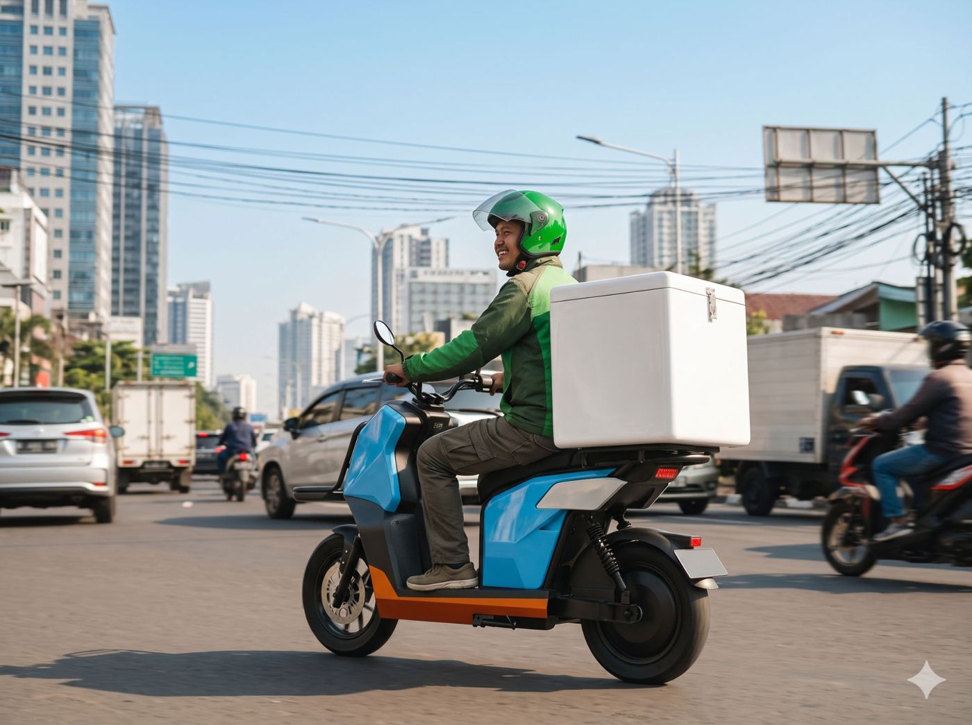 Pengantar barang dengan motor listrik MIMO di jalan kota